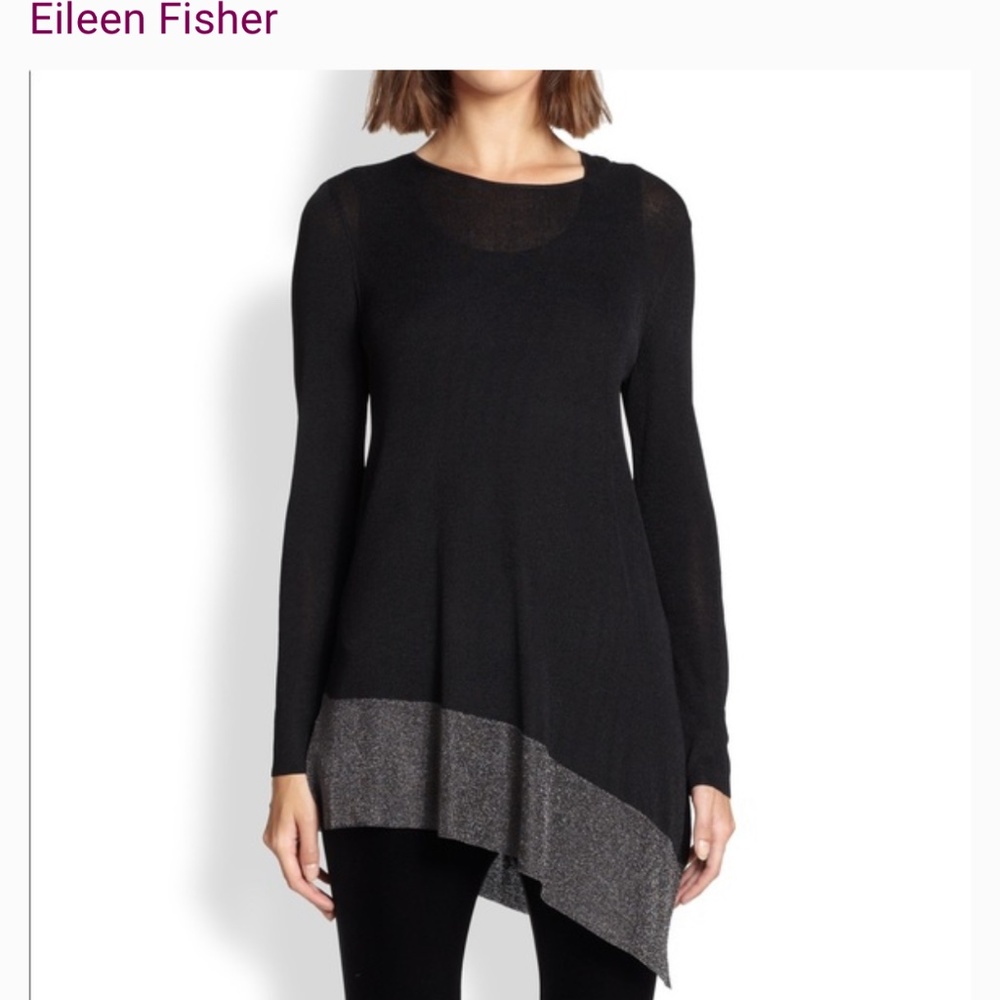 Eileen Fisher Tunic Top 2x Metallic Colorblock Asymmetrical Black Silver Drapey